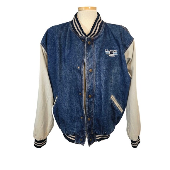 Vintage 90’s Fort Myers Beach Denim Varsity Jacket Mens L Time Square Sportswear - Picture 1 of 9